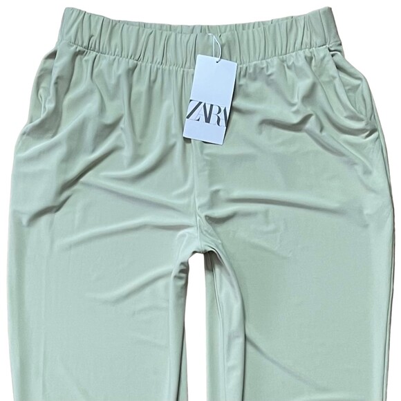 Zara NWT Pull-On Jogger Pants Size L Sage Green High Waisted Stretch Relaxed Fit - Picture 2 of 7